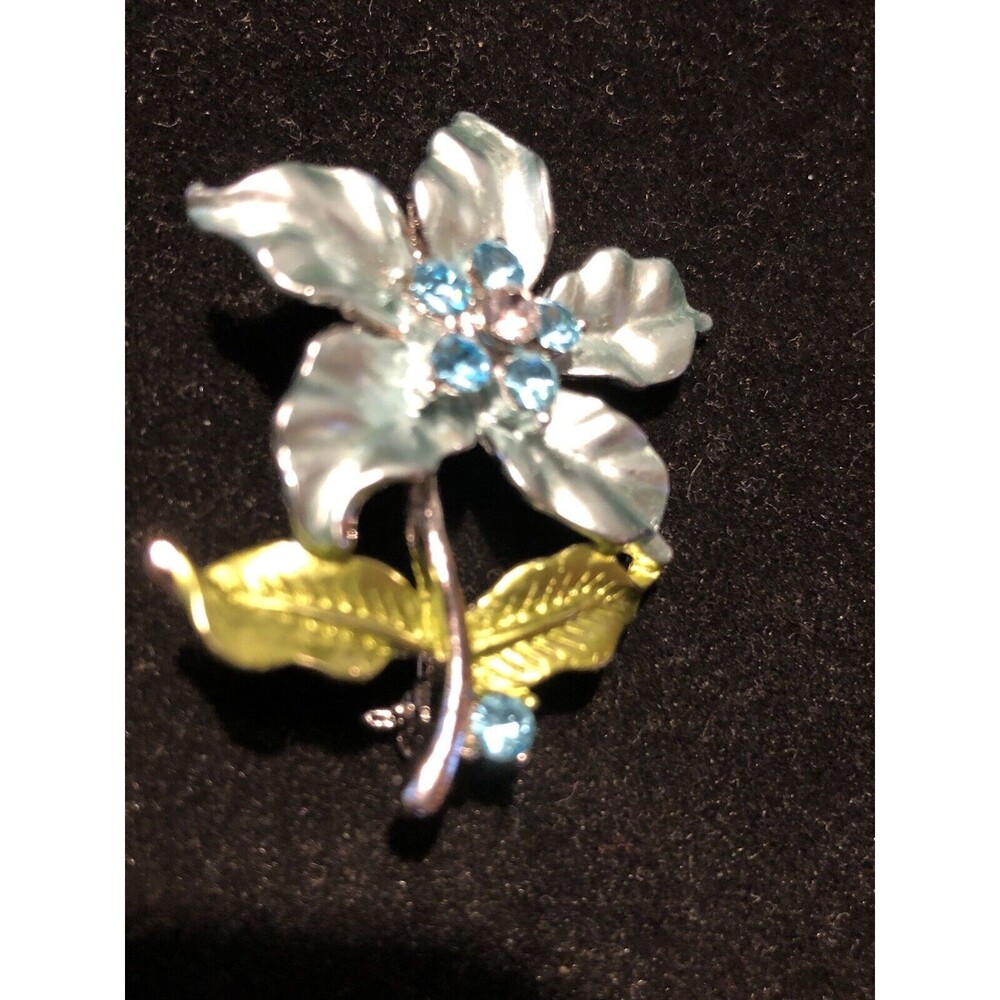 Vtg Blue Green Enamel & Blue Rhinestone Flower Brooch / Pin China